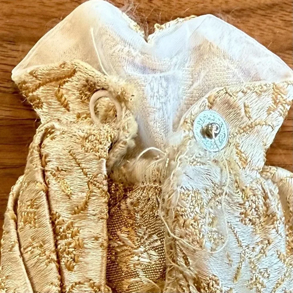 Vintage 60s 1960s Barbie Clone Dress‎ Cream Gold Lamé Strapless Mini Gown Snaps